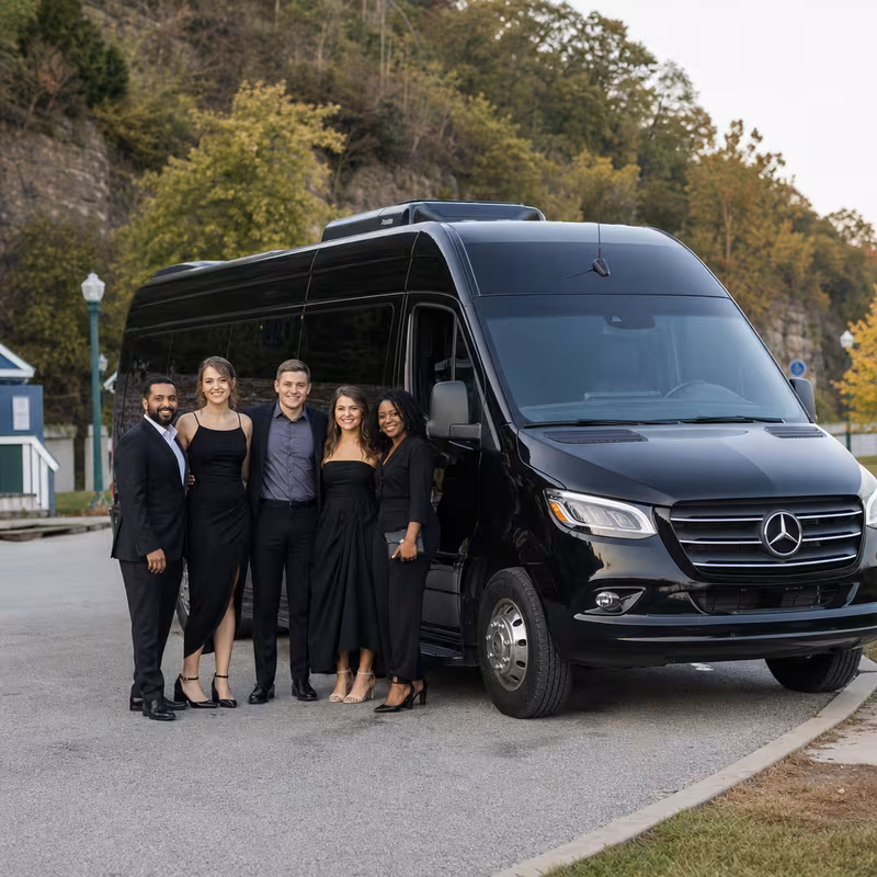 Group beside a Mercedes Sprinter limo from the St Louis fleet
