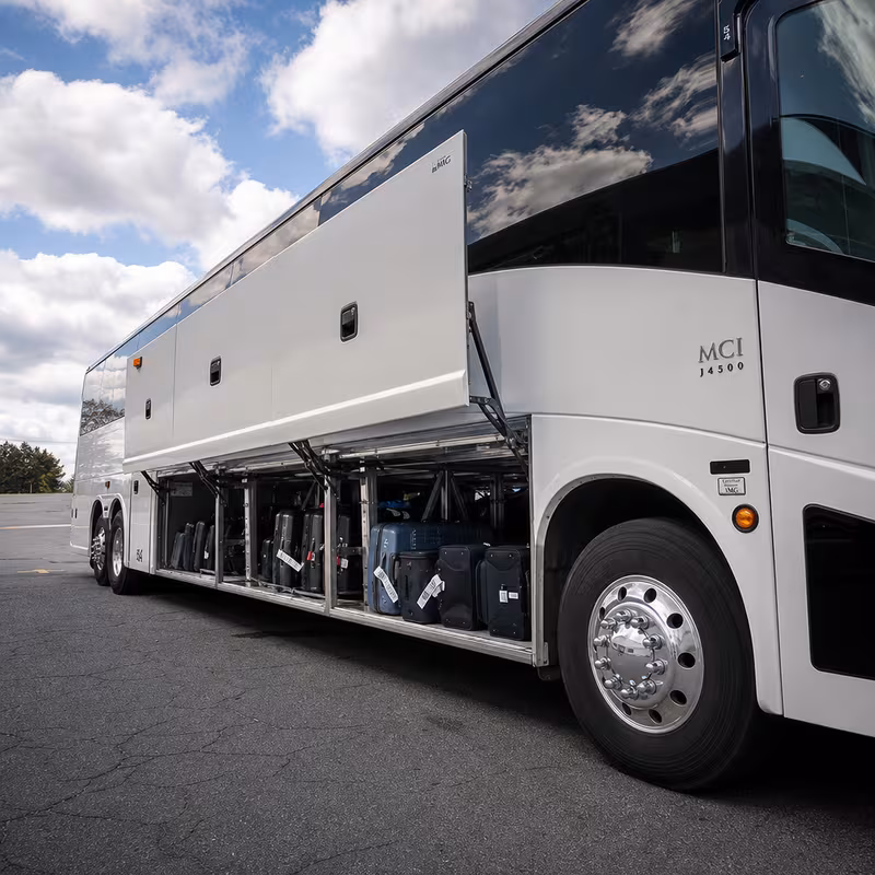 Party bus interior with wraparound leather seating and LED lighting in St Louis