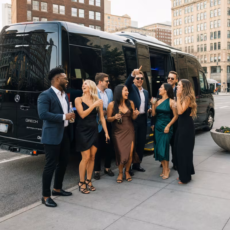 Group boarding a white charter bus for Bachelor & Bachelorette Transportation transportation in St Louis