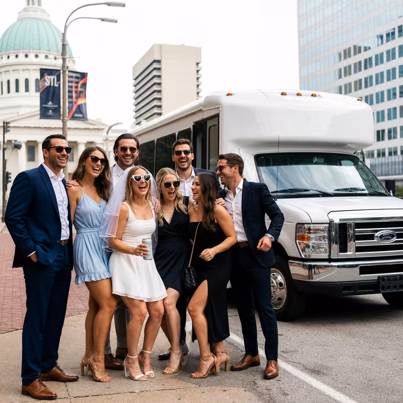 Black Mercedes Sprinter van staged for an St Louis Bachelor & Bachelorette Transportation group
