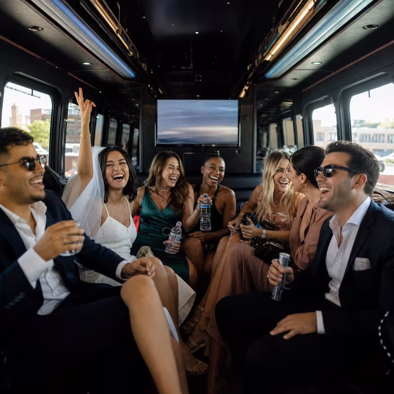 Party bus interior with wraparound leather seating and LED lighting in St Louis