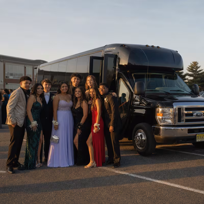Group boarding a white charter bus for Prom & Homecoming Transportation transportation in St Louis