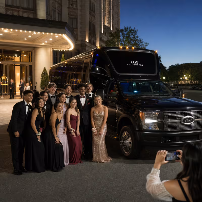 Party bus interior with wraparound leather seating and LED lighting in St Louis