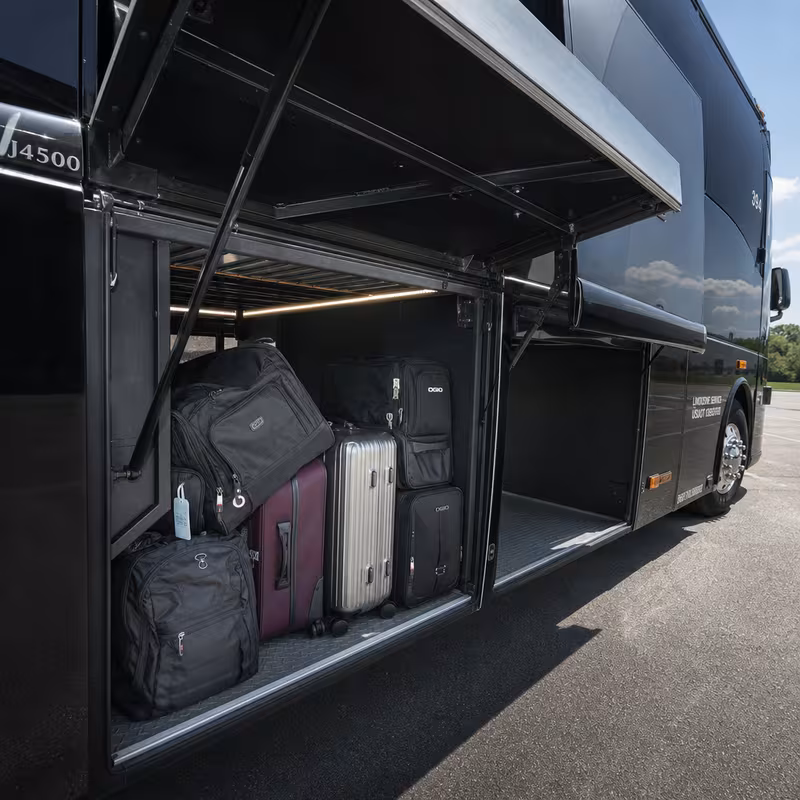 Party bus interior with wraparound leather seating and LED lighting in St Louis